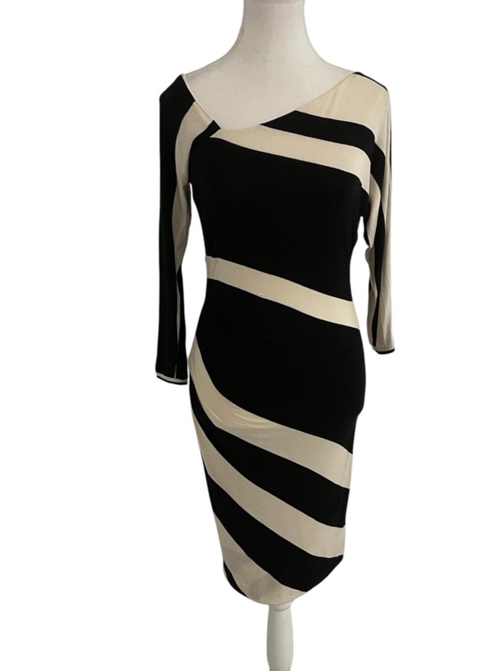 Bordeaux Black & Cream Stretch Stripped Dress 3/4 Sleeves Size XS